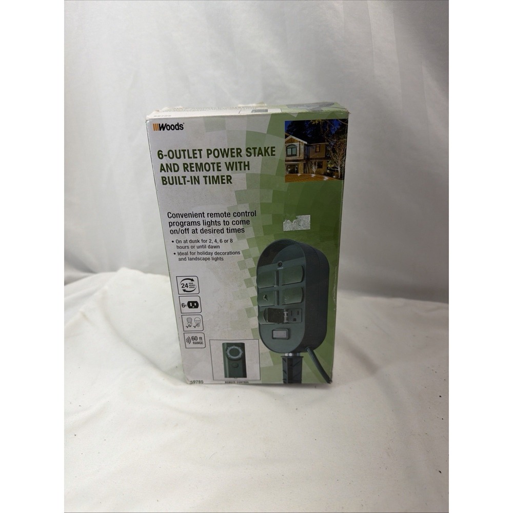 Woods 59785wd 6-outlet Yard Stake Timer With Photocell and Wireless Remote Green
